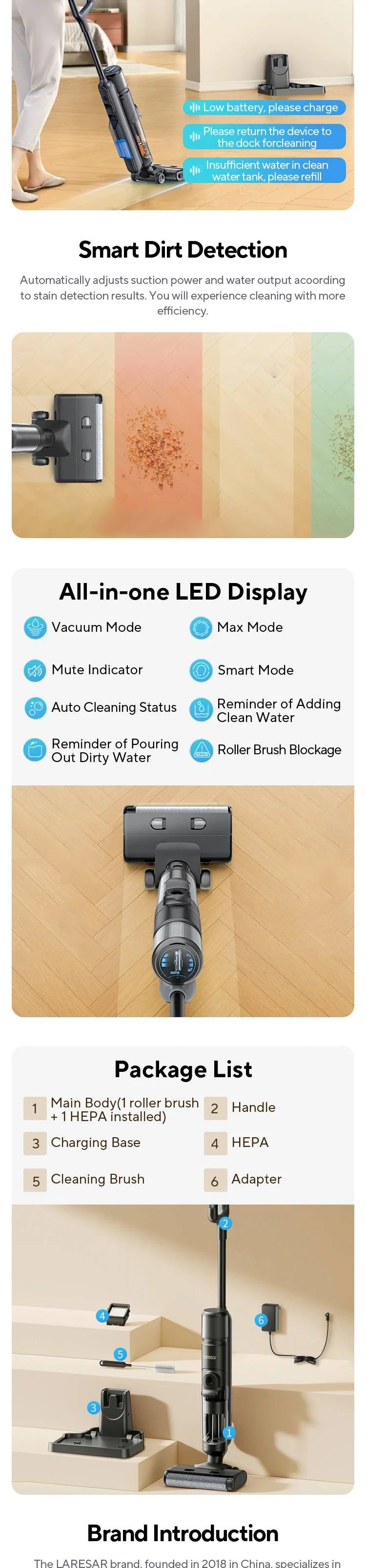 Laresar M3 Cordless Wet Dry Vacuum Cleaner Mop, Edge Cleaning 55min Auto Suction Floor Washer Self-Cleaning Smart Home Appliance