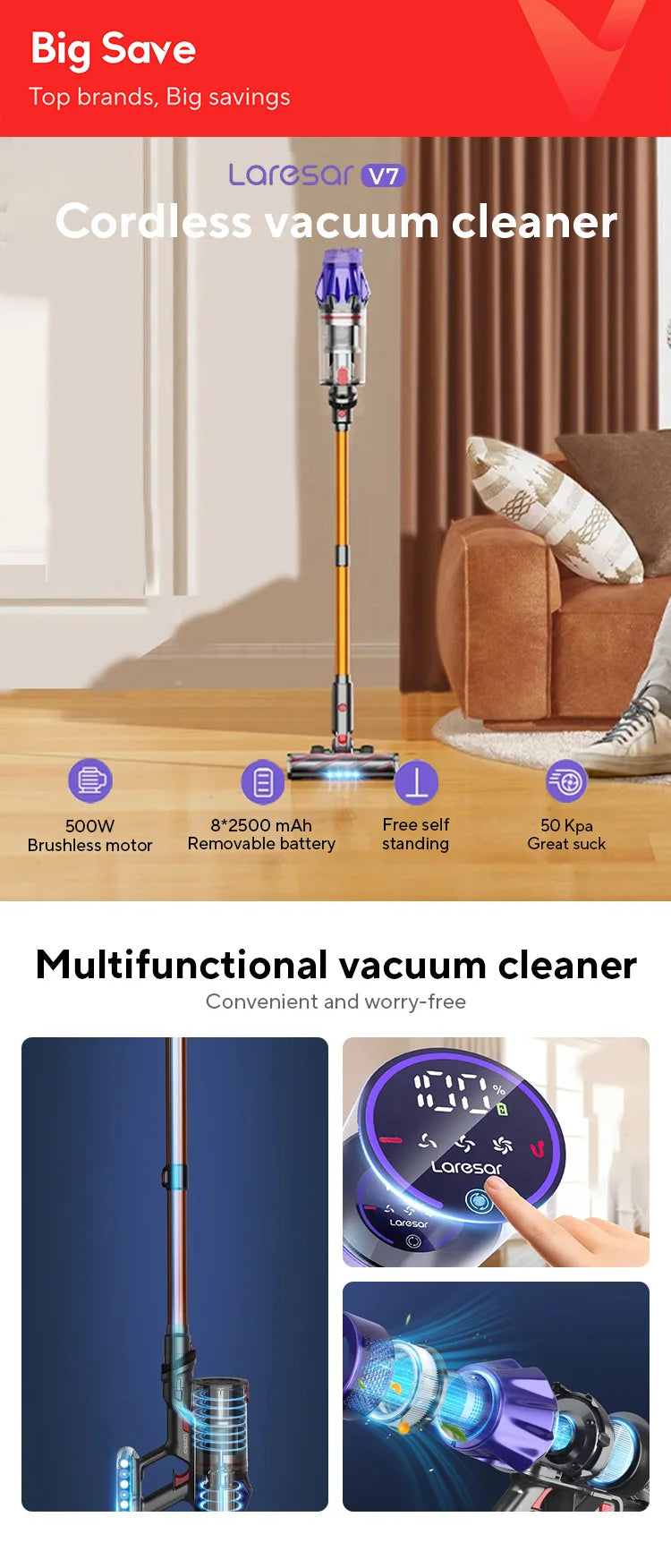 Laresar V7 500W 50KPA Suction Power Cordless Vacuum Cleaner Handheld smart Home appliance Removable Battery Dust Cup