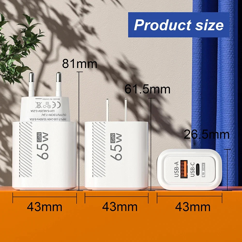 USB C GAN Charger Total 65W Fast Charging PD Type C Quick Charge High Speed Mobile Phone Adapter For iPhone 15 14 Xiaomi Samsung
