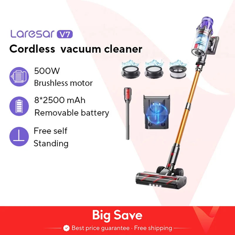 Laresar V7 500W 50KPA Suction Power Cordless Vacuum Cleaner Handheld smart Home appliance Removable Battery Dust Cup