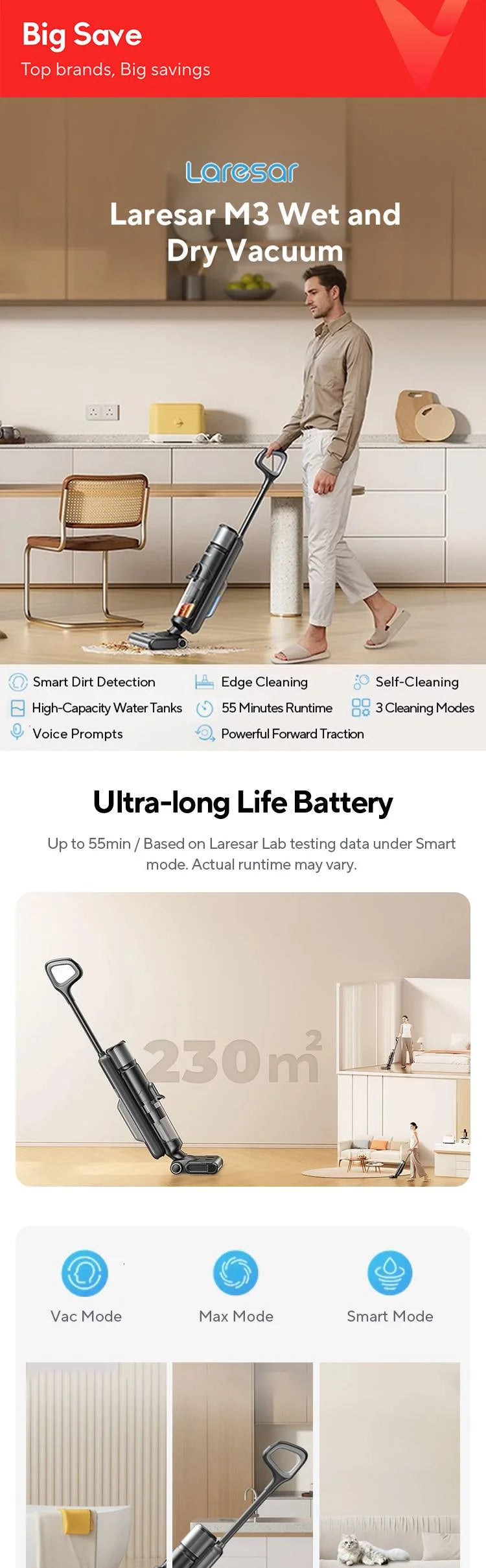 Laresar M3 Cordless Wet Dry Vacuum Cleaner Mop, Edge Cleaning 55min Auto Suction Floor Washer Self-Cleaning Smart Home Appliance