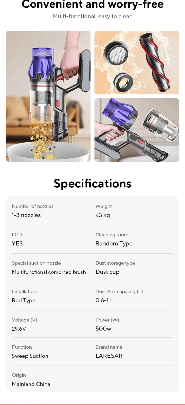 Laresar V7 500W 50KPA Suction Power Cordless Vacuum Cleaner Handheld smart Home appliance Removable Battery Dust Cup