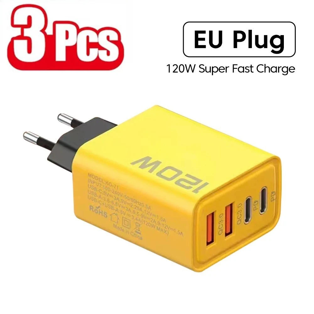 Total 120W USB Fast Charger 4Port  PD Quick Charging USB 3.0 Type C EU US Plug Charger For Xiaomi iPhone 15 Pro Max Wall Adapter