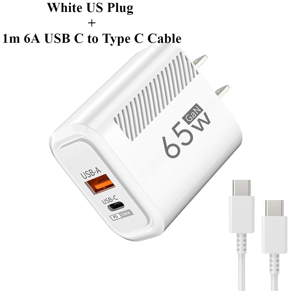 USB C GAN Charger Total 65W Fast Charging PD Type C Quick Charge High Speed Mobile Phone Adapter For iPhone 15 14 Xiaomi Samsung
