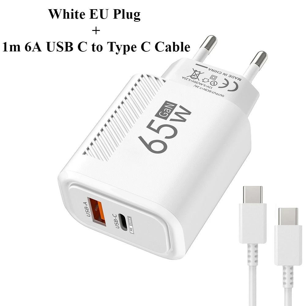 USB C GAN Charger Total 65W Fast Charging PD Type C Quick Charge High Speed Mobile Phone Adapter For iPhone 15 14 Xiaomi Samsung