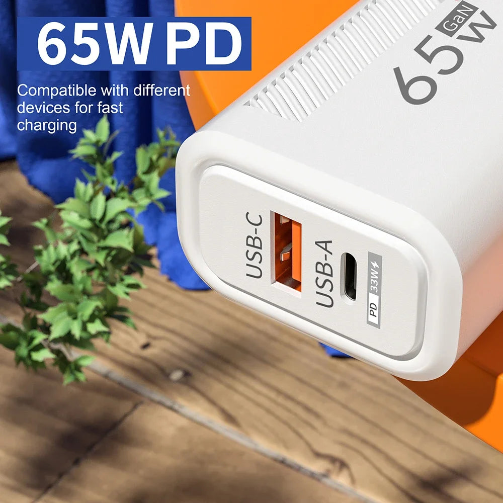 USB C GAN Charger Total 65W Fast Charging PD Type C Quick Charge High Speed Mobile Phone Adapter For iPhone 15 14 Xiaomi Samsung