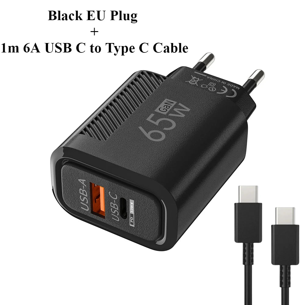 USB C GAN Charger Total 65W Fast Charging PD Type C Quick Charge High Speed Mobile Phone Adapter For iPhone 15 14 Xiaomi Samsung