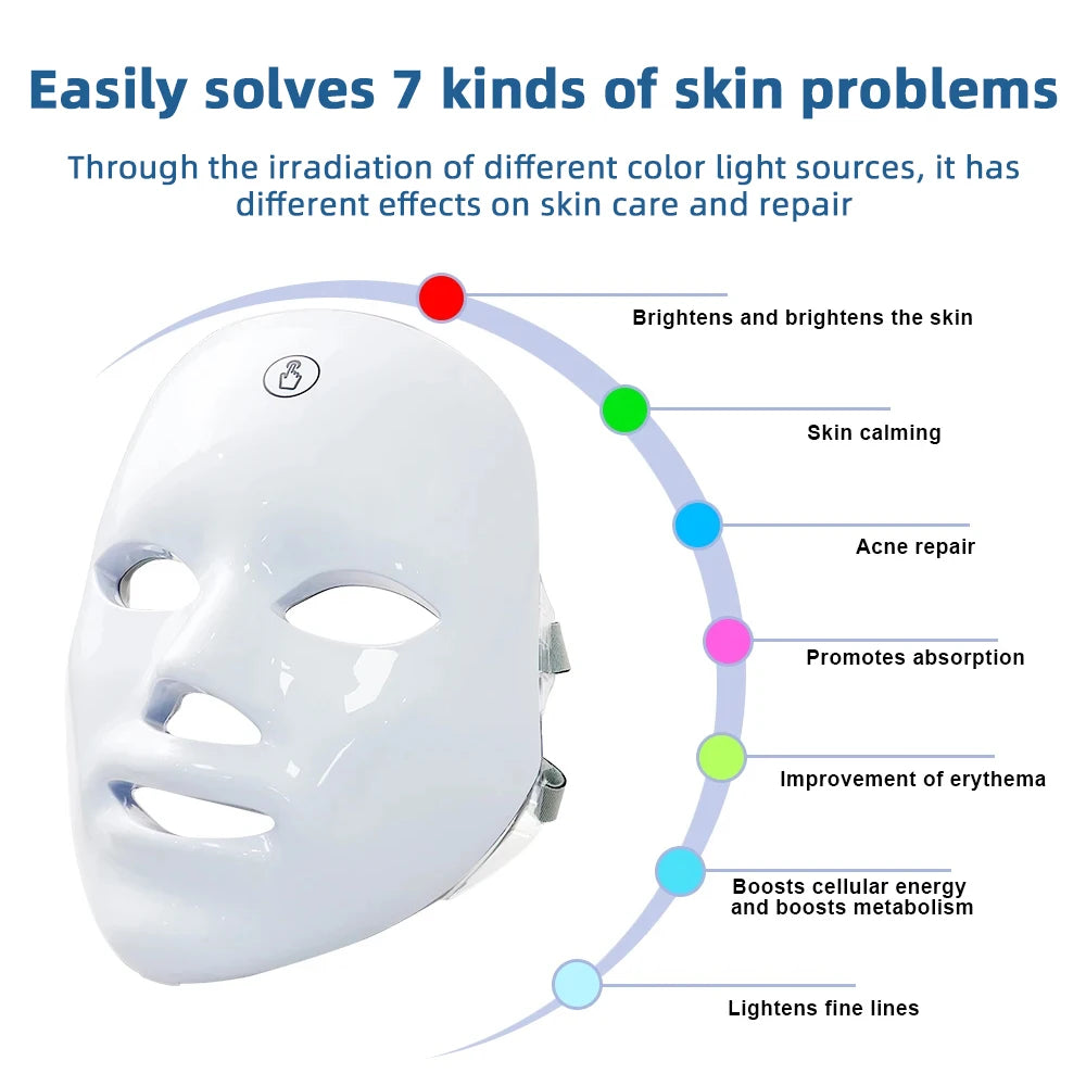 7 Colors LED Facial Mask Photon Therapy Face Skin Care Mask Anti Acne Therapy Skin Rejuvenation Wrinkle Removal Face Beauty Mask