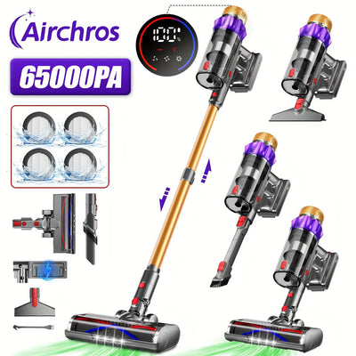 Airchros Cordless Upright Vacuum Cleaner, 65000Pa Suction Power, LED Display, 50-Minute Runtime, 4X HEPA Filters, Suitable For Cleaning Computers, Ideal For Pet Hair And Carpets.